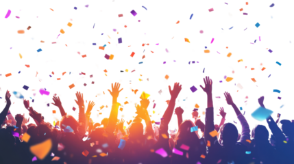 Celebration of crowd with rising hands isolated on white background 