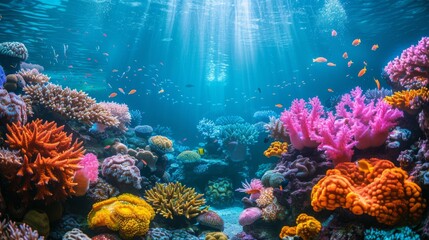 Colorful coral reef with sunbeams and fish swimming in the blue water. AI generative. .