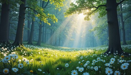 Obraz premium Enchanting Sunlit Forest Glade Filled with Beautiful White Flowers and Lush Greenery