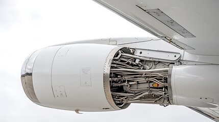 A close-up view of an aircraft wing, highlighting the intricate structure and aerodynamic design, set against a plain white backdrop