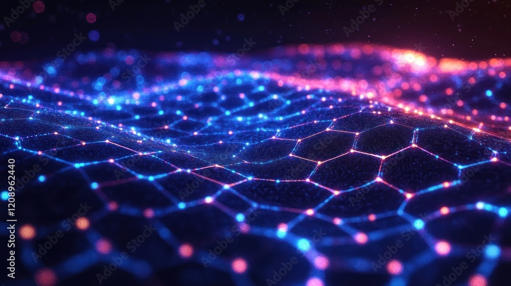Poster cyberpunk hexagonal network futuristic digital landscape glowing lights and fog in 3d illustration o