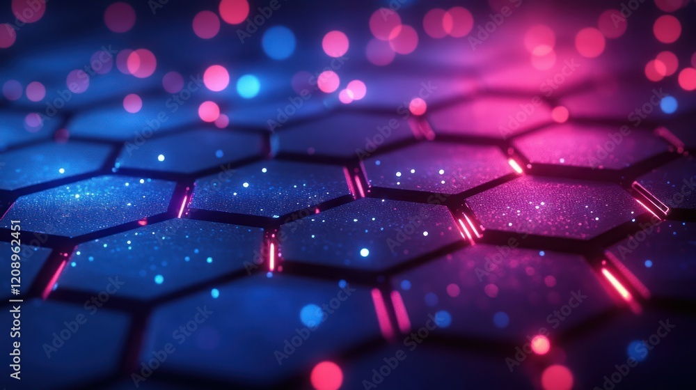 Poster vibrant hexagonal network in cyberpunk landscape with glowing lights and fog effect