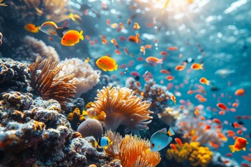 Fototapeta premium Vibrant coral reef with colorful fish and soft light. AI generative. .