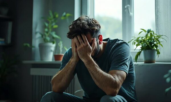 Man experiencing sadness and emotional distress sitting alone indoors