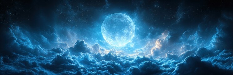 Obraz premium Mystical Night Sky with Glowing Moon Surrounded by Swirling Clouds