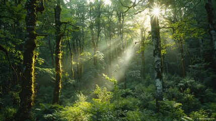 Fototapeta premium Sunlight streams through a dense forest, illuminating mossy tree trunks. AI generative. .