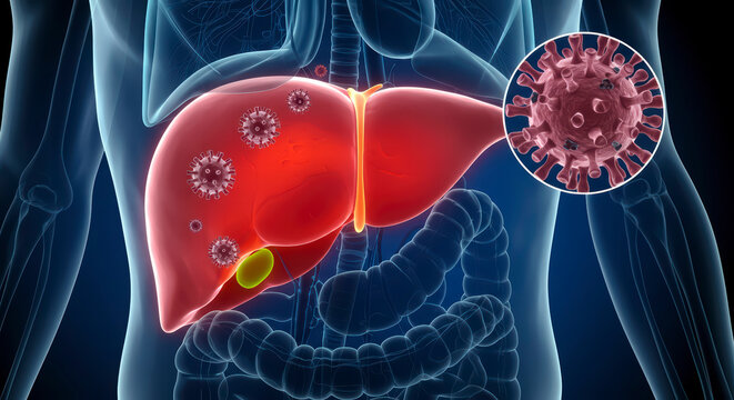 3D Illustration of Hepatitis B Infection: Liver with Highlighted Viral Cells Inside the Human Body