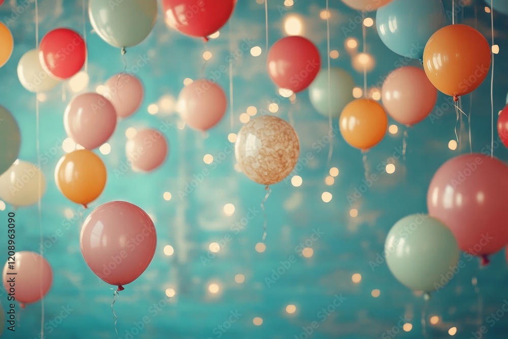Poster multicolored balloons digital background with floating light, generative ai