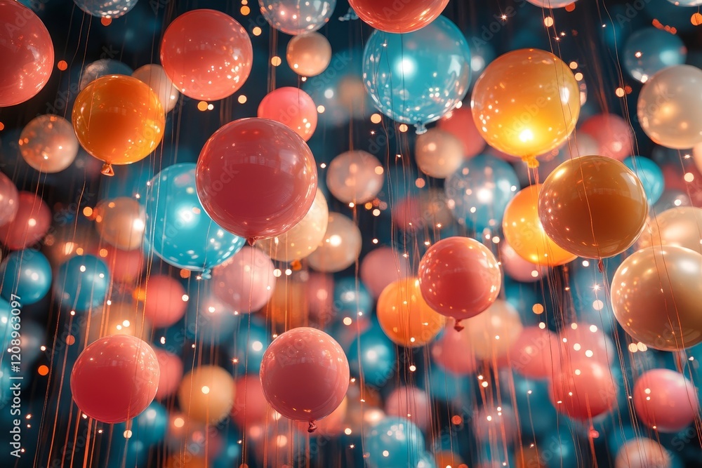 Poster multicolored balloons digital background with floating light, generative ai