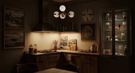 Elegant home kitchen interior with golden tap and stove, empty space 