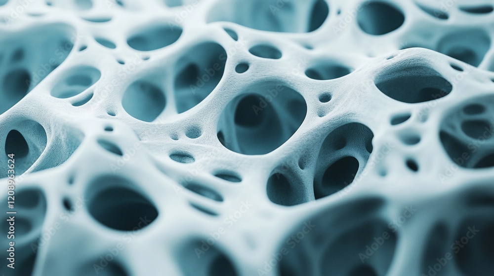 Poster abstract porous structure, close-up view of a spongy, textured surface with interconnected holes.