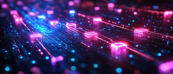 Obraz premium Vibrant digital landscape with glowing blocks and data flow