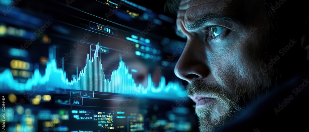 Poster intense focus on data analysis with digital graphs displayed