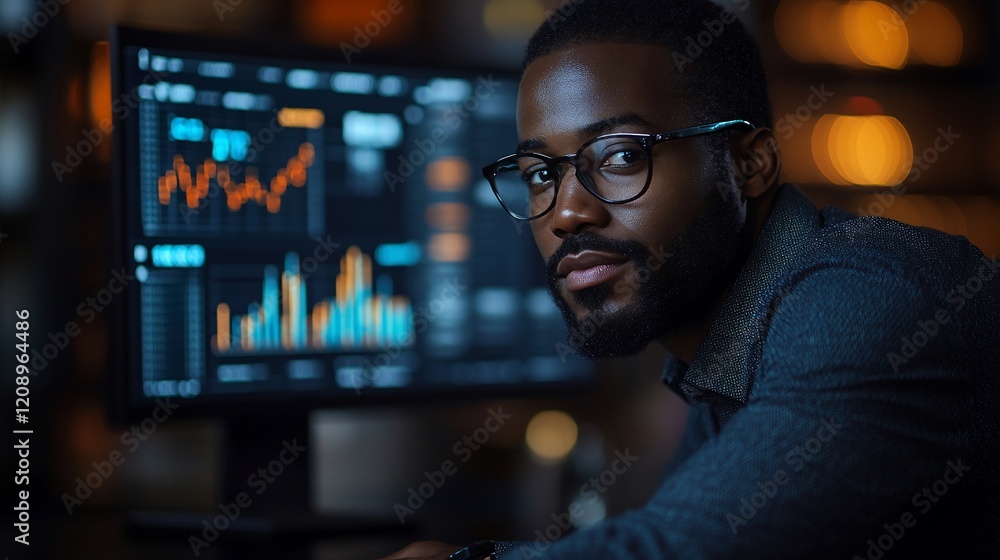 Poster confident businessman working late, analyzing data on computer screen.