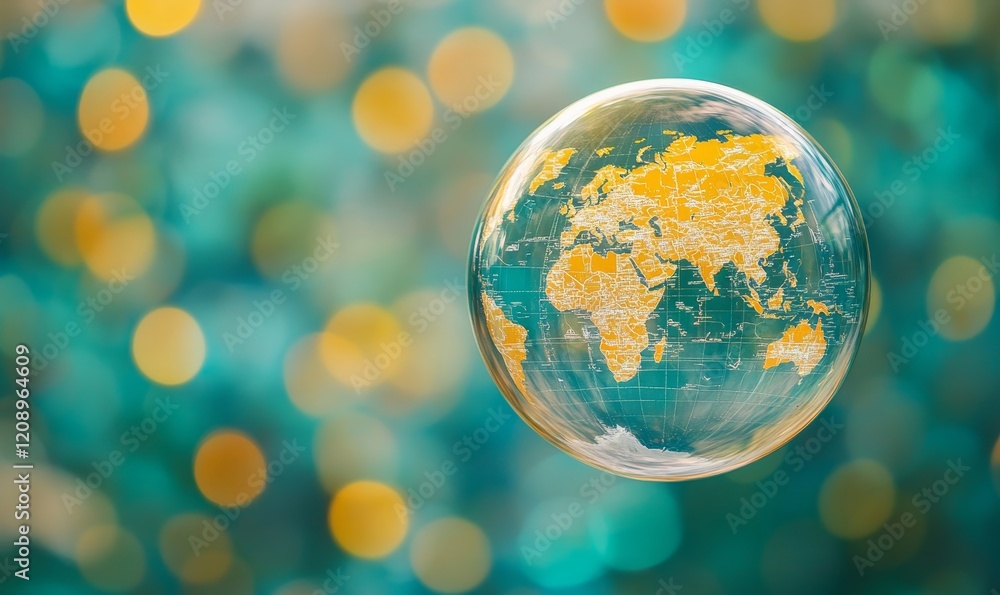 Poster soap bubble with world map digital background, generative ai