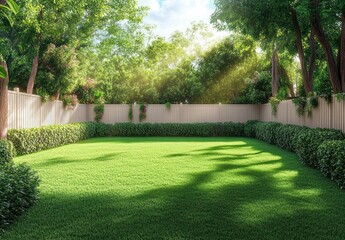 Fototapeta premium Lush Green Lawn with Wooden Fence Surrounded by Nature in Bright Daylight