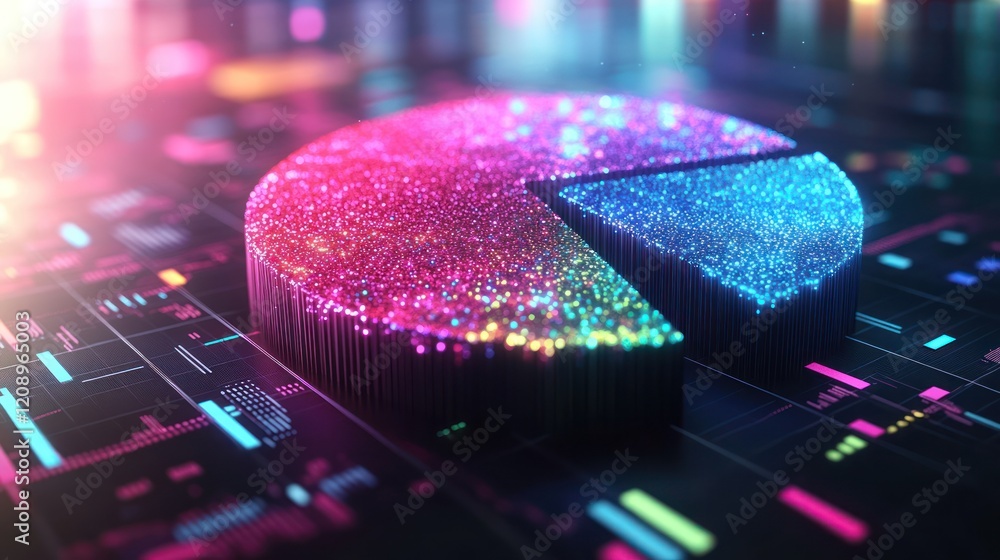 Poster colorful pie chart on digital interface with glowing elements