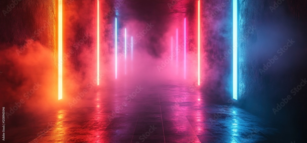 Poster futuristic neon corridor with fog and reflections in a cyberpunk style 3d rendering