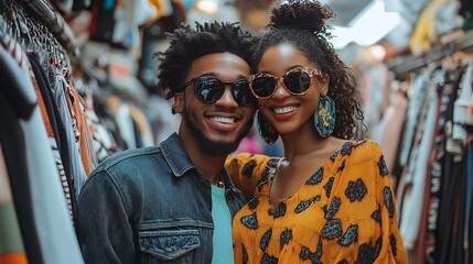 A couple shopping for clothes together at a boutique, with the partner holding up a garment for feedback, SHOTLISTlove