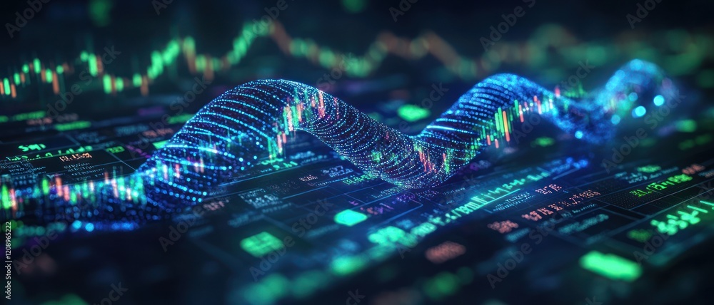 Poster abstract financial data visualization with glowing wave patterns