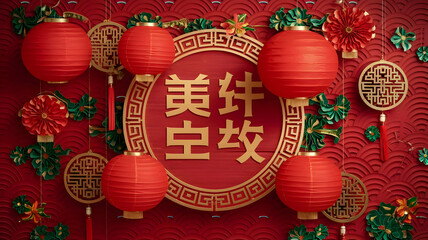 Festive chinese new year background with red paper lanterns, vibrant decorations, and traditional symbols for a joyful celebration of the lunar new year
