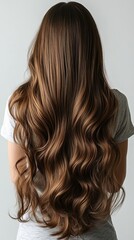 Naklejka premium Back view of a girl with beautiful wavy brown hair.