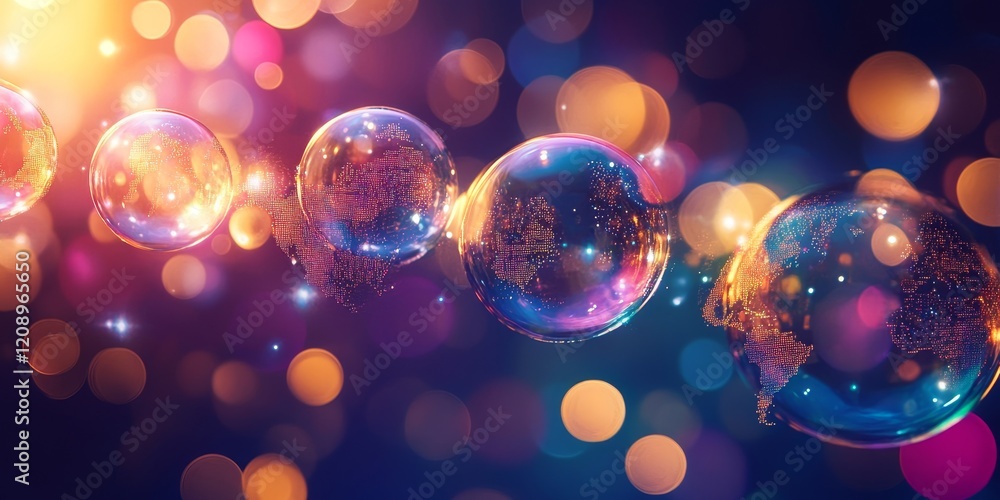 Poster soap bubble with world map digital background, generative ai