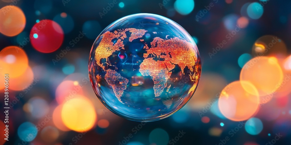 Poster soap bubble with world map digital background, generative ai