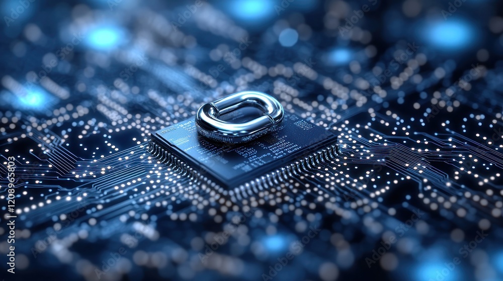 Poster metallic chain resting on microchip with glowing circuits