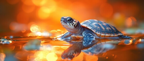Obraz premium Turtle basking in warm sunlight by serene water surface