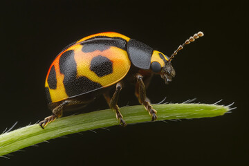 Fototapeta premium Yellow Ladybug on a blade of green grass macro close up.