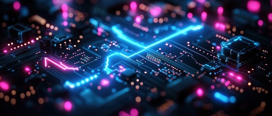 Fototapeta premium Futuristic circuit board with glowing lines and nodes