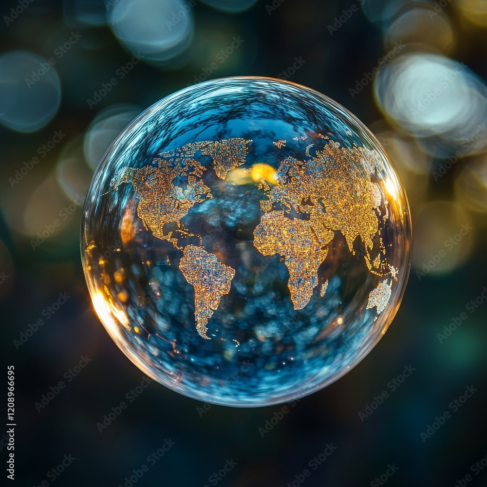 Poster soap bubble with world map digital background, generative ai
