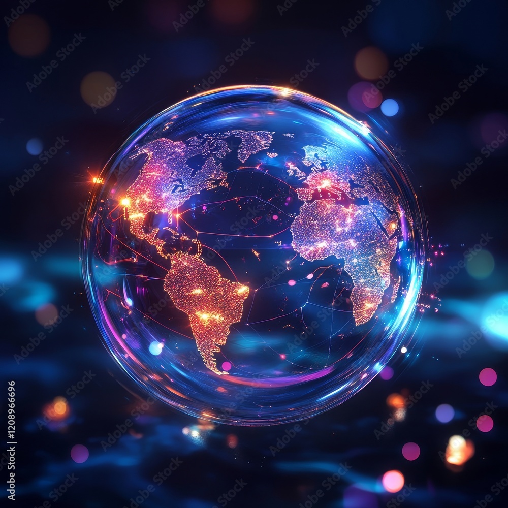 Poster soap bubble with world map digital background, generative ai