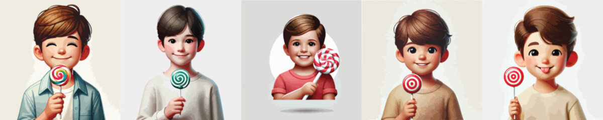 set of vector characters of little children holding lollipops