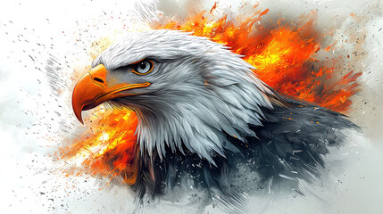 Fiery bald eagle head portrait, intense gaze,  flames background, artistic digital painting.