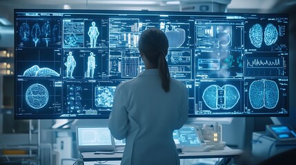 Scientist examines intricate medical data displayed on a large high-tech screen.