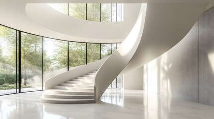 Obraz premium Modern White Spiral Staircase in a Sunlit Contemporary Home