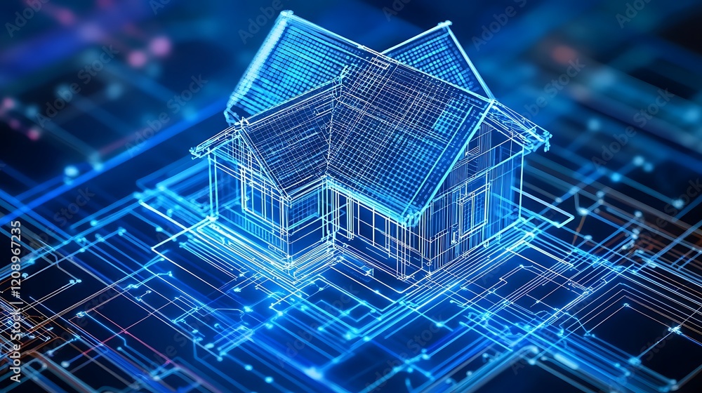 Poster digital blueprint of a smart home with showcasing advanced technology integration and automation.