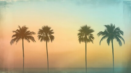 Obraz premium Serene Sunrise on the Coastal Dunes: Two Palm Trees Silhouetted Against a Misty Ocean