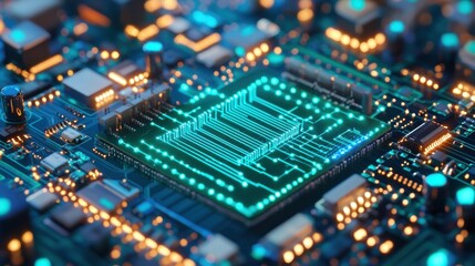 Obraz premium Cybersecurity incident response and recovery. Close-up of a microprocessor on a circuit board with glowing elements.