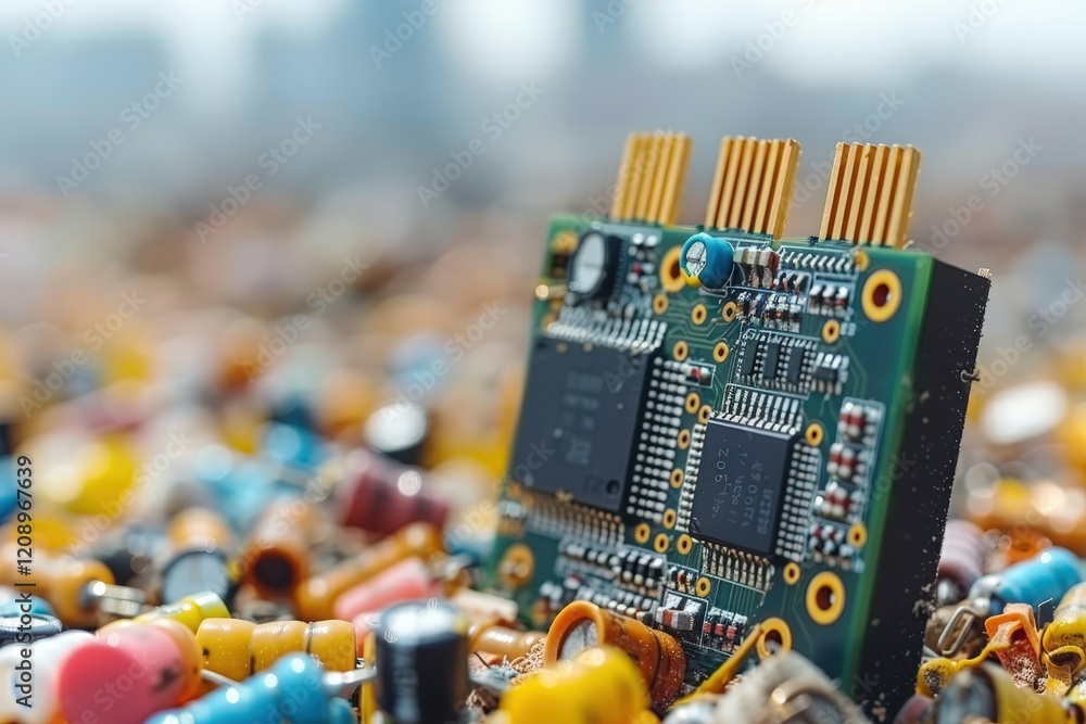Poster a close-up of a circuit board amidst a colorful array of electronic waste, highlighting the need for