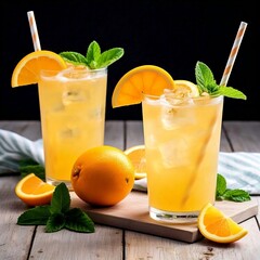 Fototapeta premium A refreshing citrus-based drink garnished with mint leaves and orange slices, served in a tall glass with ice cubes, perfect for a relaxed atmosphere.
