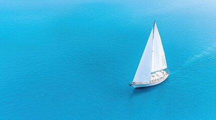 Obraz premium Sailboat cruising tranquil turquoise ocean; aerial view