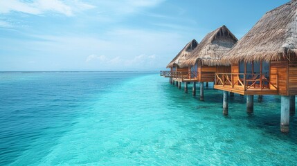 Wooden bungalows on stilts in turquoise ocean water, blue sky. AI generative. .