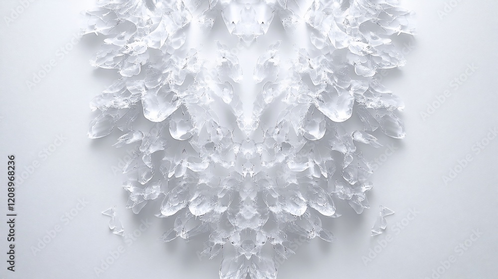 Poster abstract white symmetrical pattern resembling ice crystals or snowflakes on a light gray background.