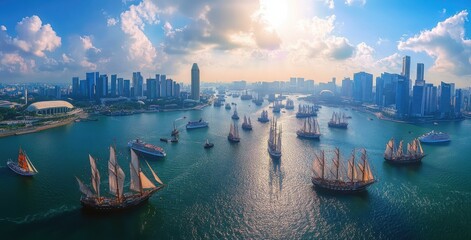 Fototapeta premium Aerial View of a Vibrant Harbor with Traditional Sailing Ships Amidst a Modern Skyline Under a Bright Sunny Sky