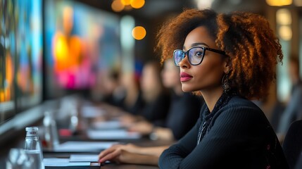 Pensive woman in glasses sits at a table.