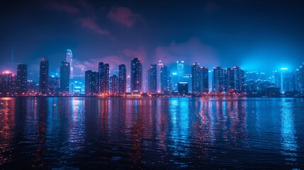 Naklejka premium Nighttime cityscape with colorful reflections on water. AI generative. .