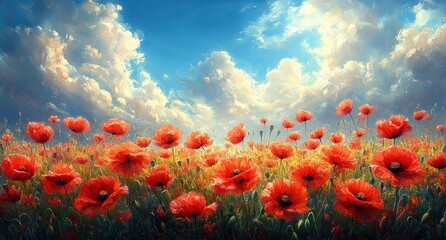 Obraz premium Vibrant Red Poppy Flowers in Bright Blue Sky Over Summer Meadow